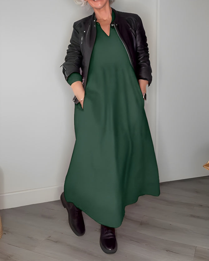 Nina | Langes, tailliertes Kleid mit V-Ausschnitt